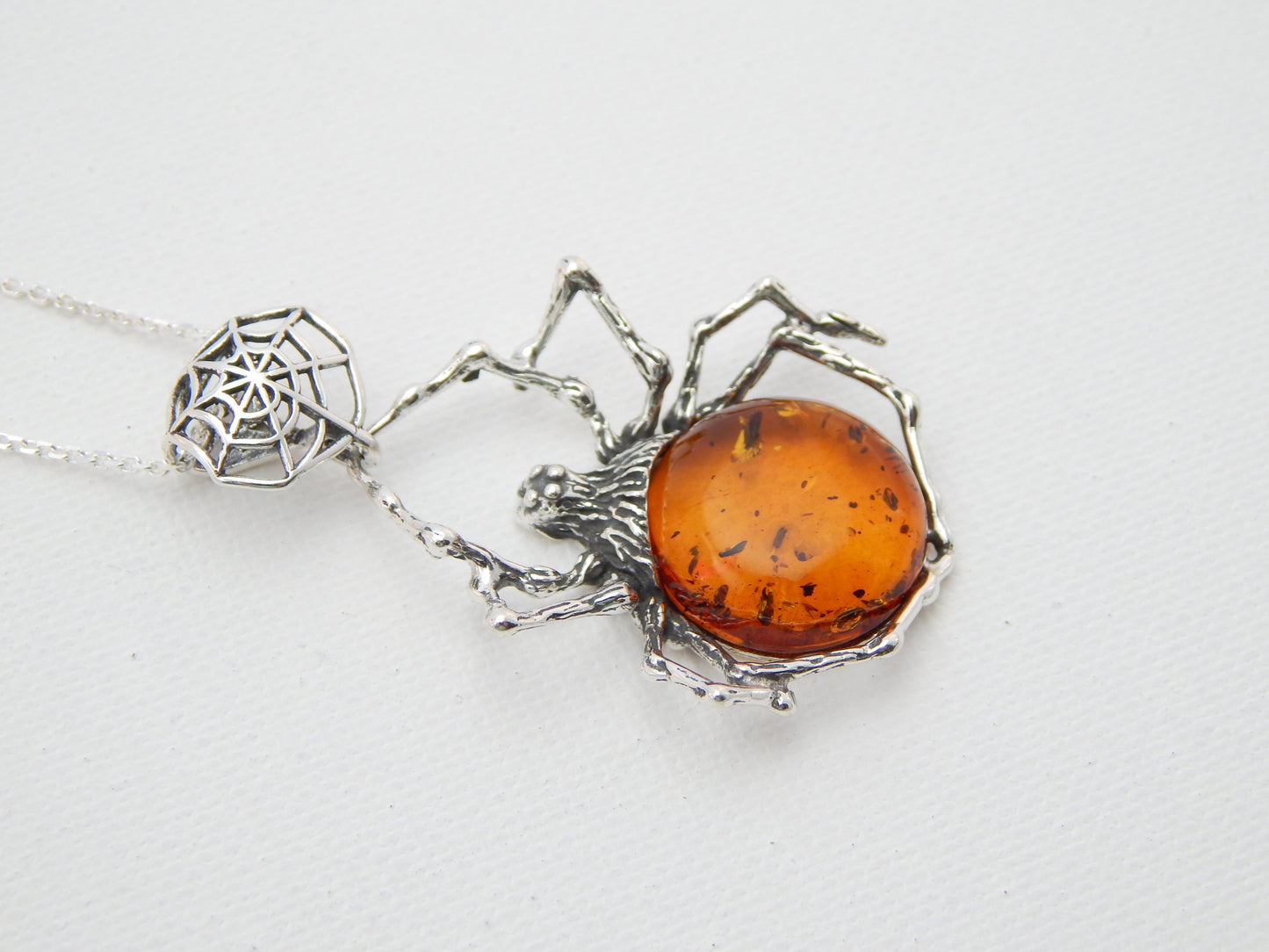 Natural Baltic Cognac Amber Spider Pendant Necklace in 925 Sterling Silver