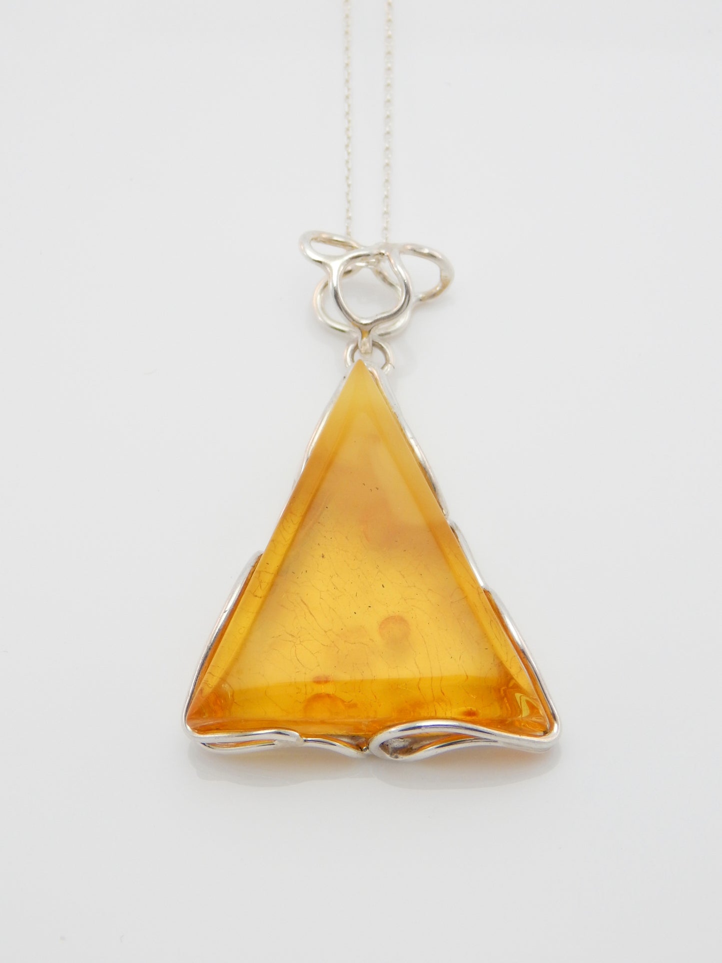 Handmade Natural Baltic Lemon Amber Triangular Pendant Necklace in 925 Sterling Silver