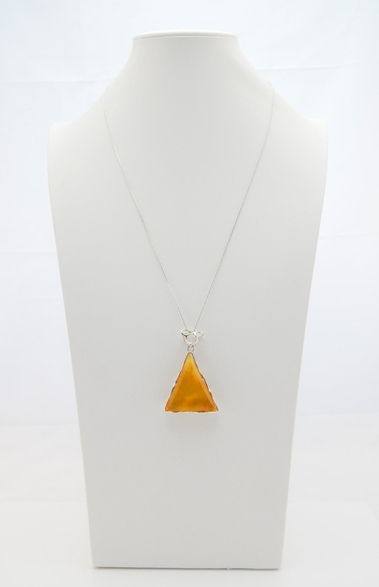 Handmade Natural Baltic Lemon Amber Triangular Pendant Necklace in 925 Sterling Silver