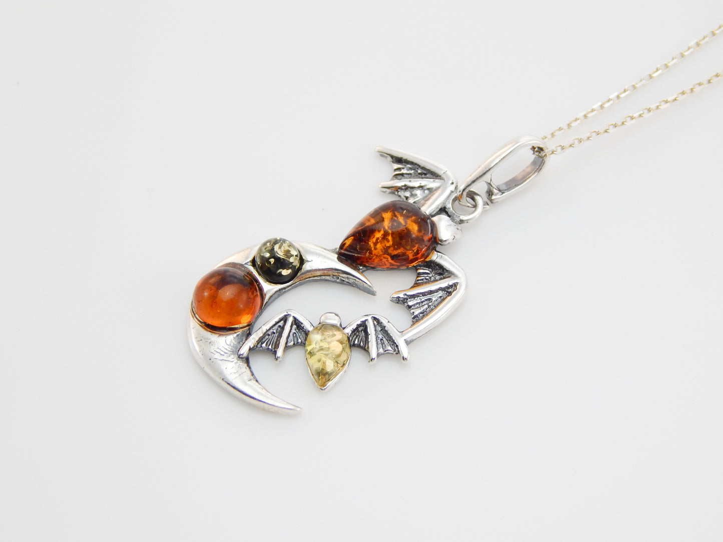 Natural Baltic Multicolor Moon and Bat Pendant Necklace