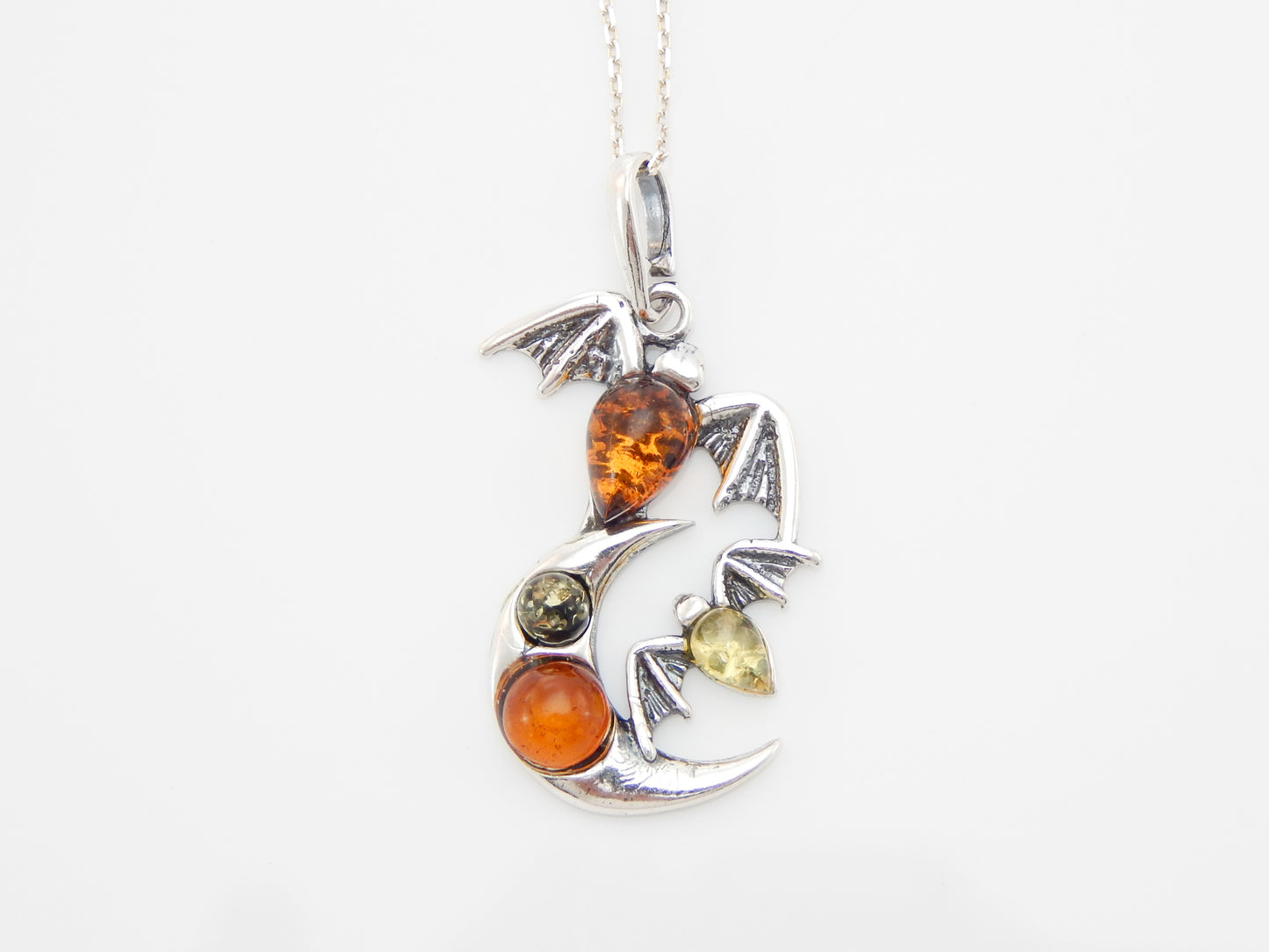 Natural Baltic Multicolor Moon and Bat Pendant Necklace