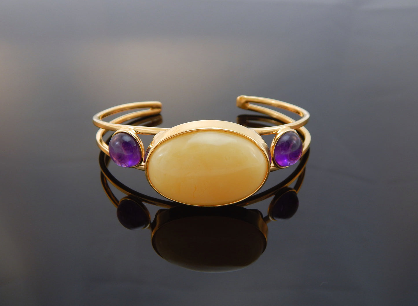 Natural Baltic Butterscotch Amber and Amethyst 14k Gold Plated Cuff Bracelet