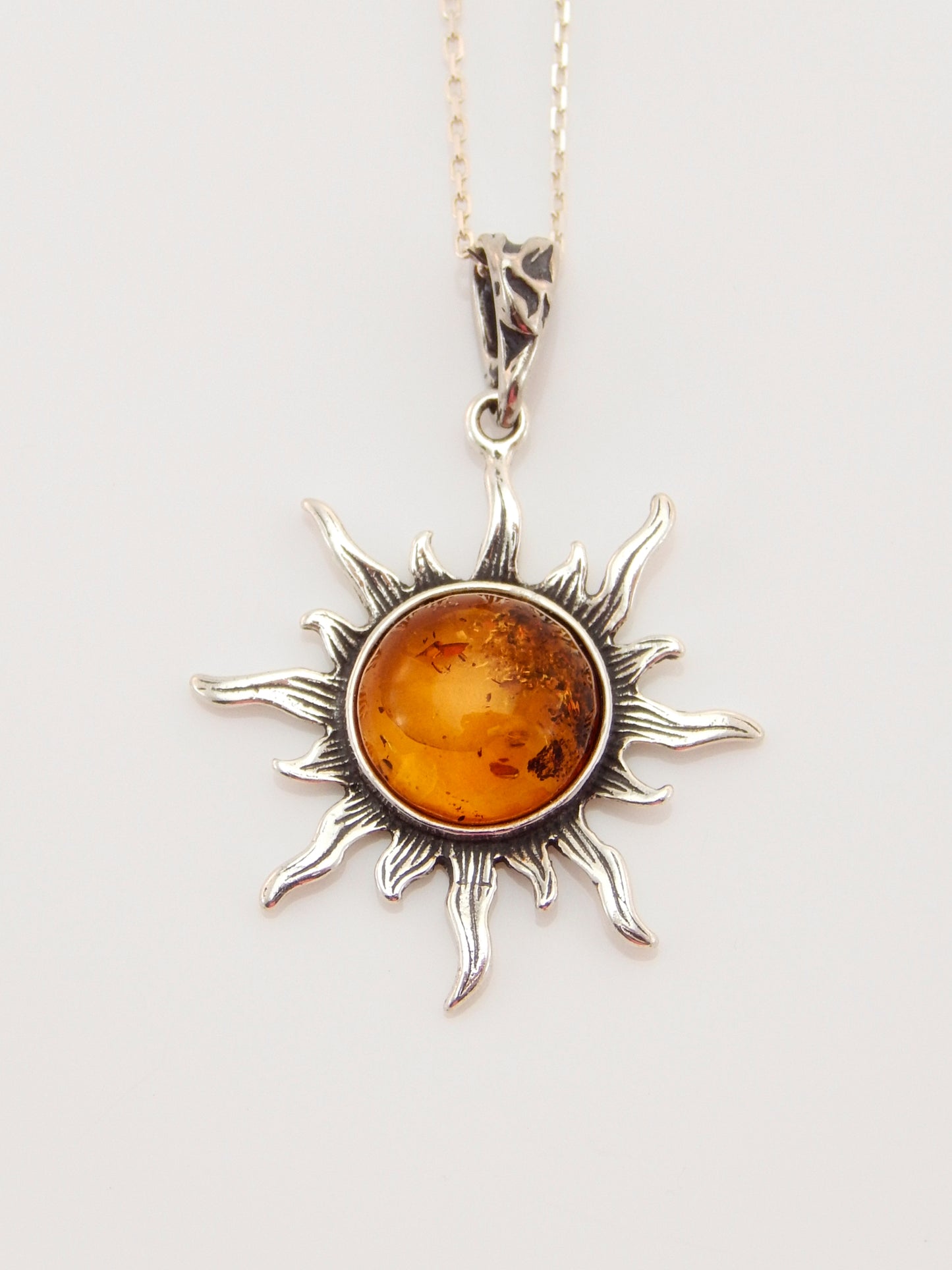 Natural Baltic Cognac Amber Celestial Sun Pendant Necklace
