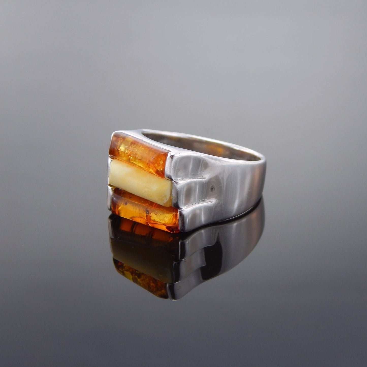 Natural Baltic Amber Stacked Statement Ring in 925 Sterling Silver