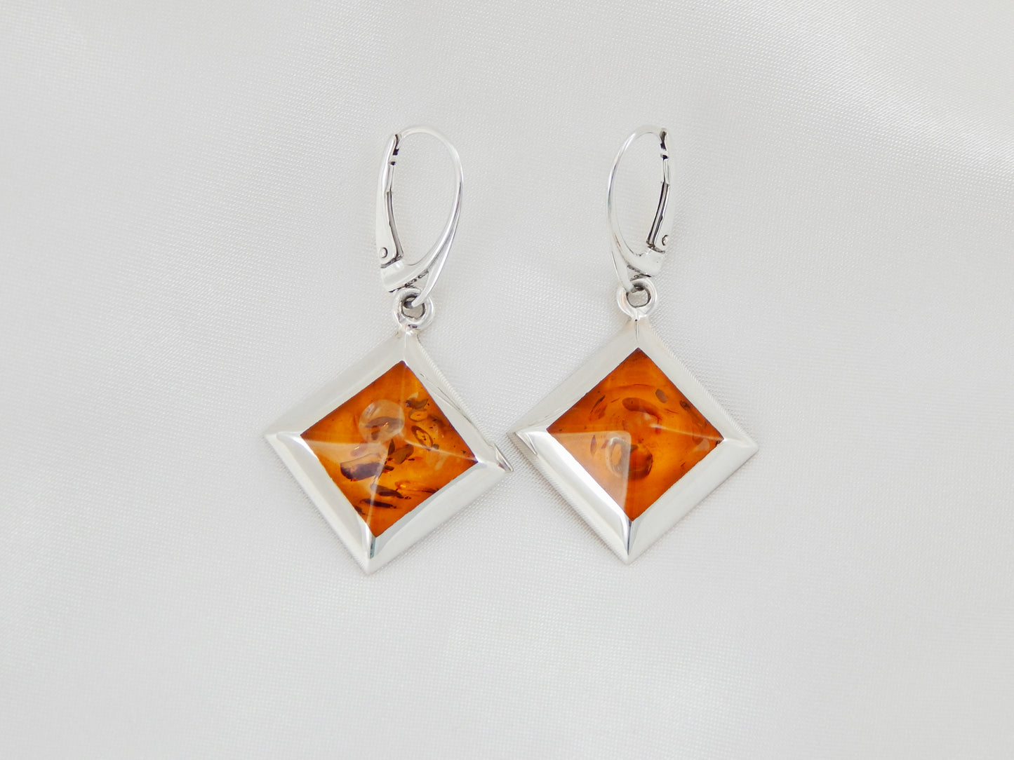 Natural Baltic Cognac Amber Square Cut Dangle Earrings