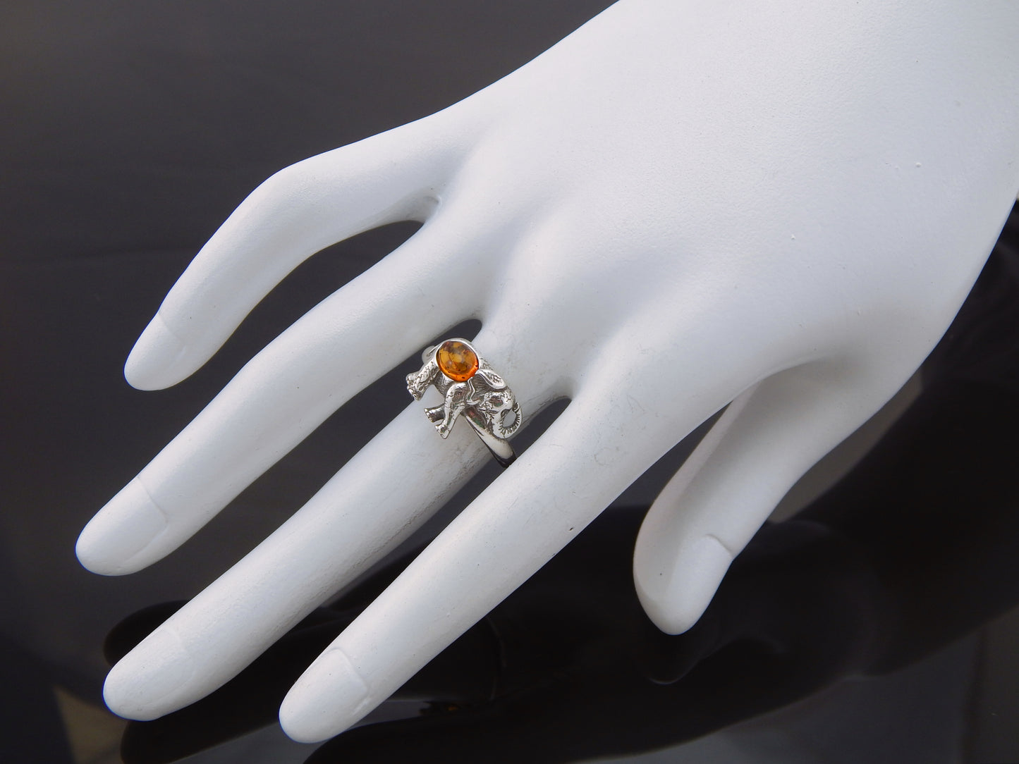 Natural Baltic Cognac Amber Adjustable Lucky Elephant Ring in 925 Sterling Silver