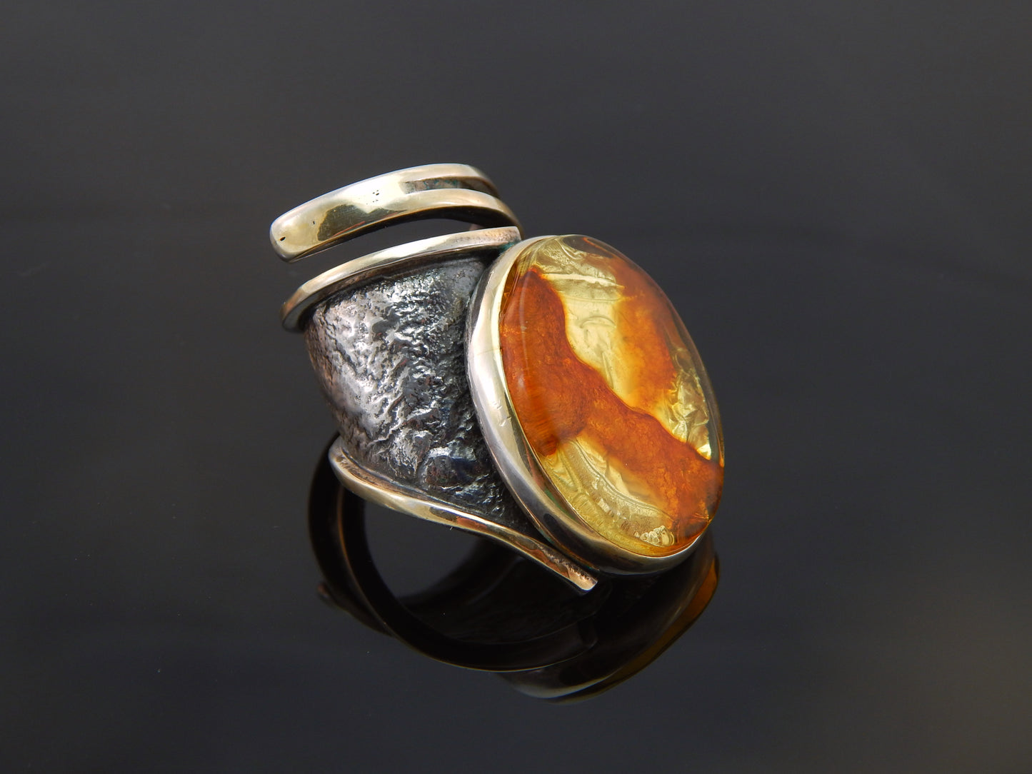 Natural Baltic Amber Brutalist Adjustable Ring in 925 Sterling Silver