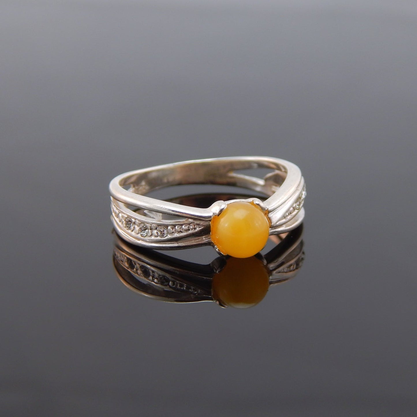 Natural Baltic Butterscotch Amber and Cubic Zirconia Ring in 925 Sterling Silver