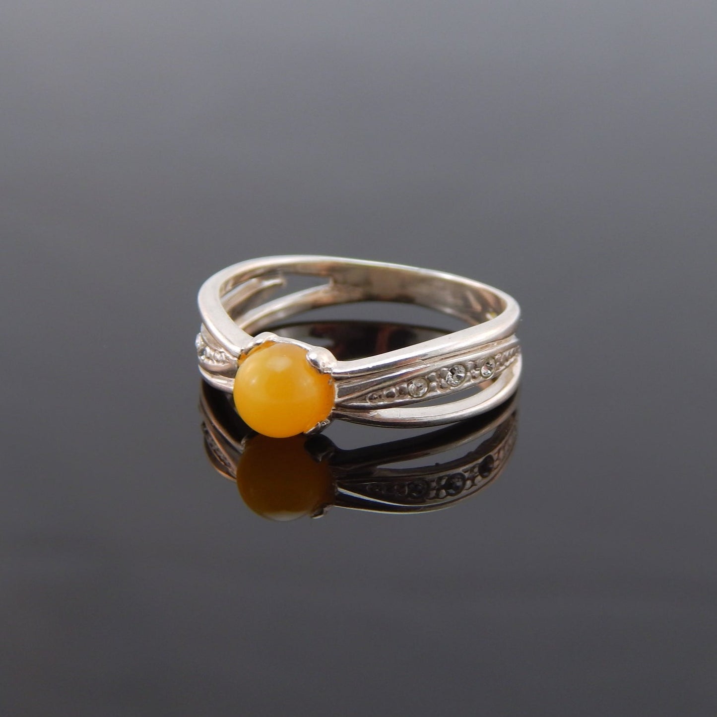 Natural Baltic Butterscotch Amber and Cubic Zirconia Ring in 925 Sterling Silver