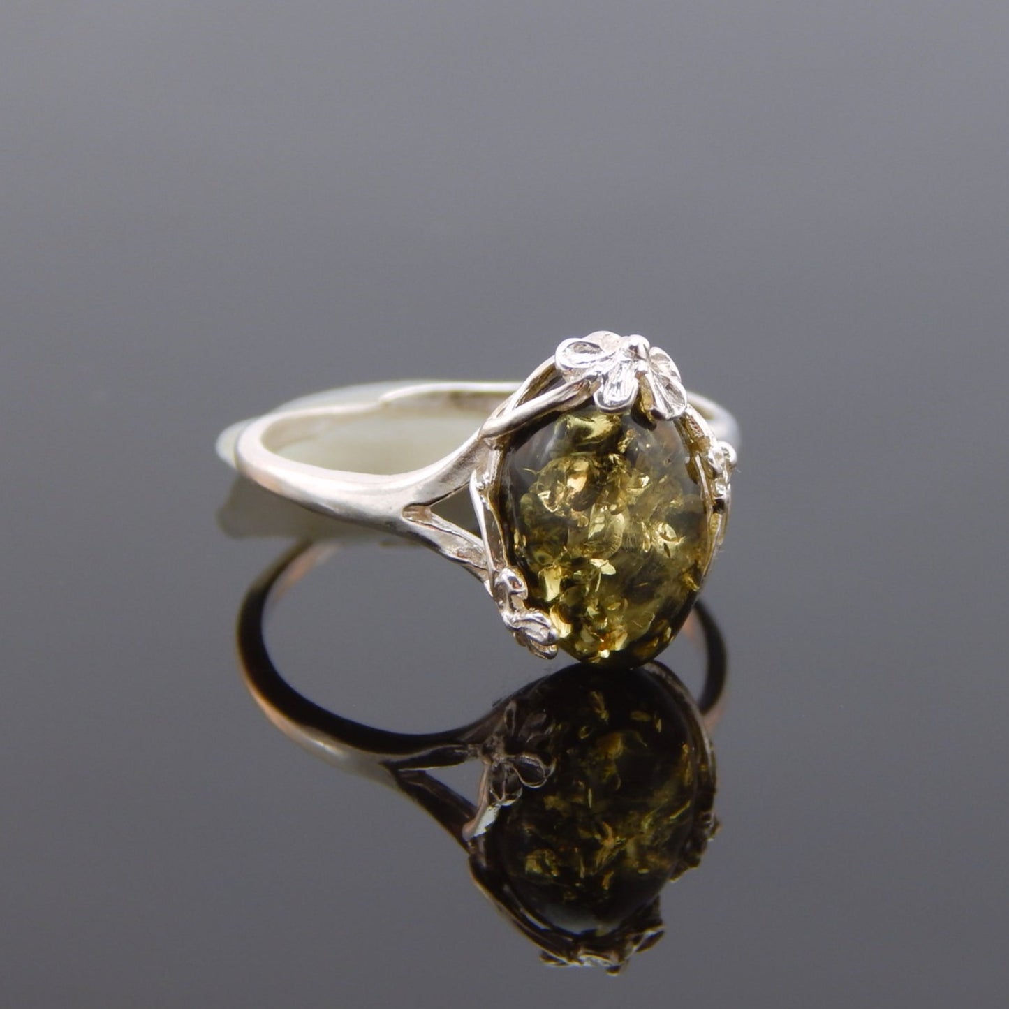 Natural Baltic Green Amber Tiny Flower Adjustable Ring in 925 Sterling Silver