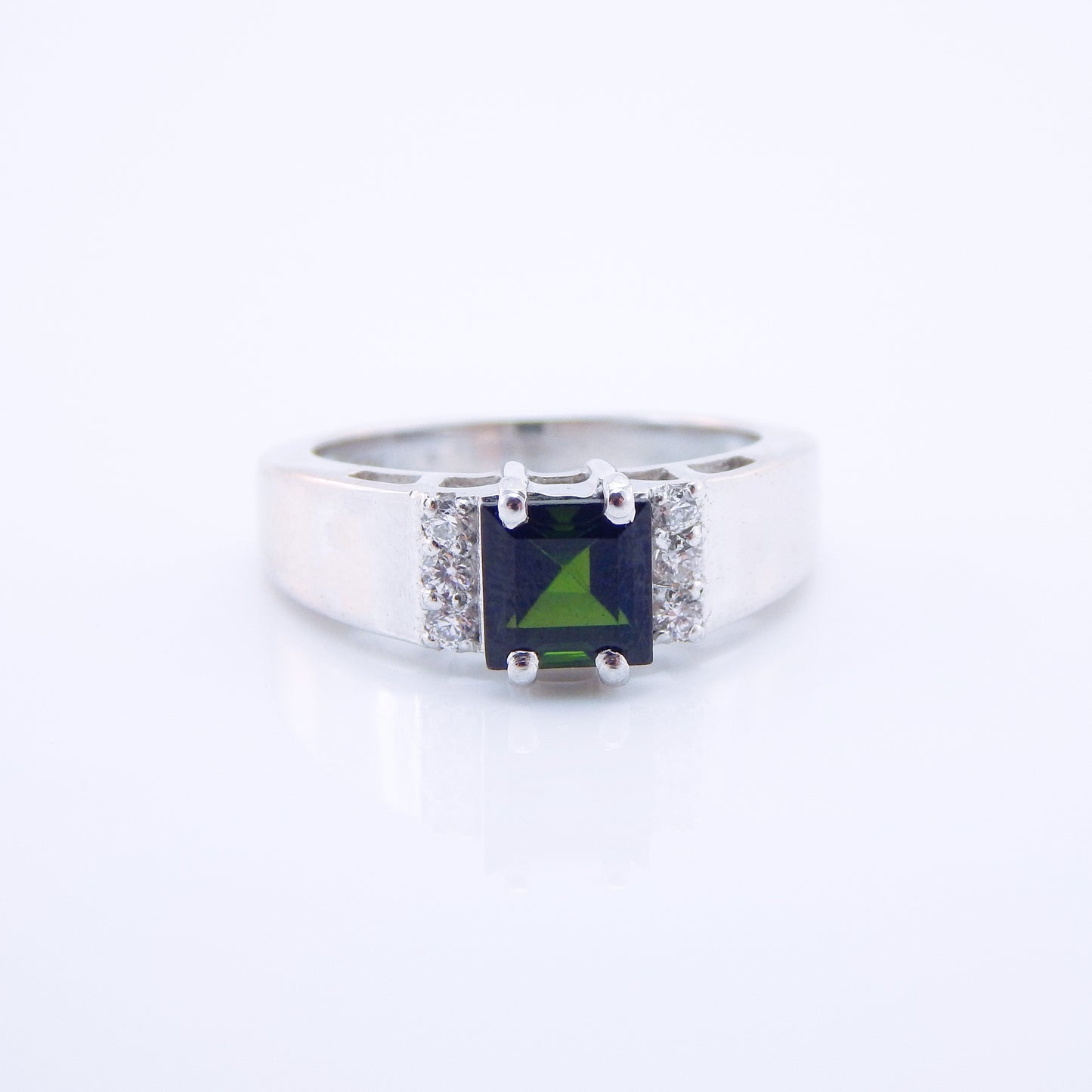 Genuine Green Tourmaline Cushion Cut Ring in 925 Sterling Silver