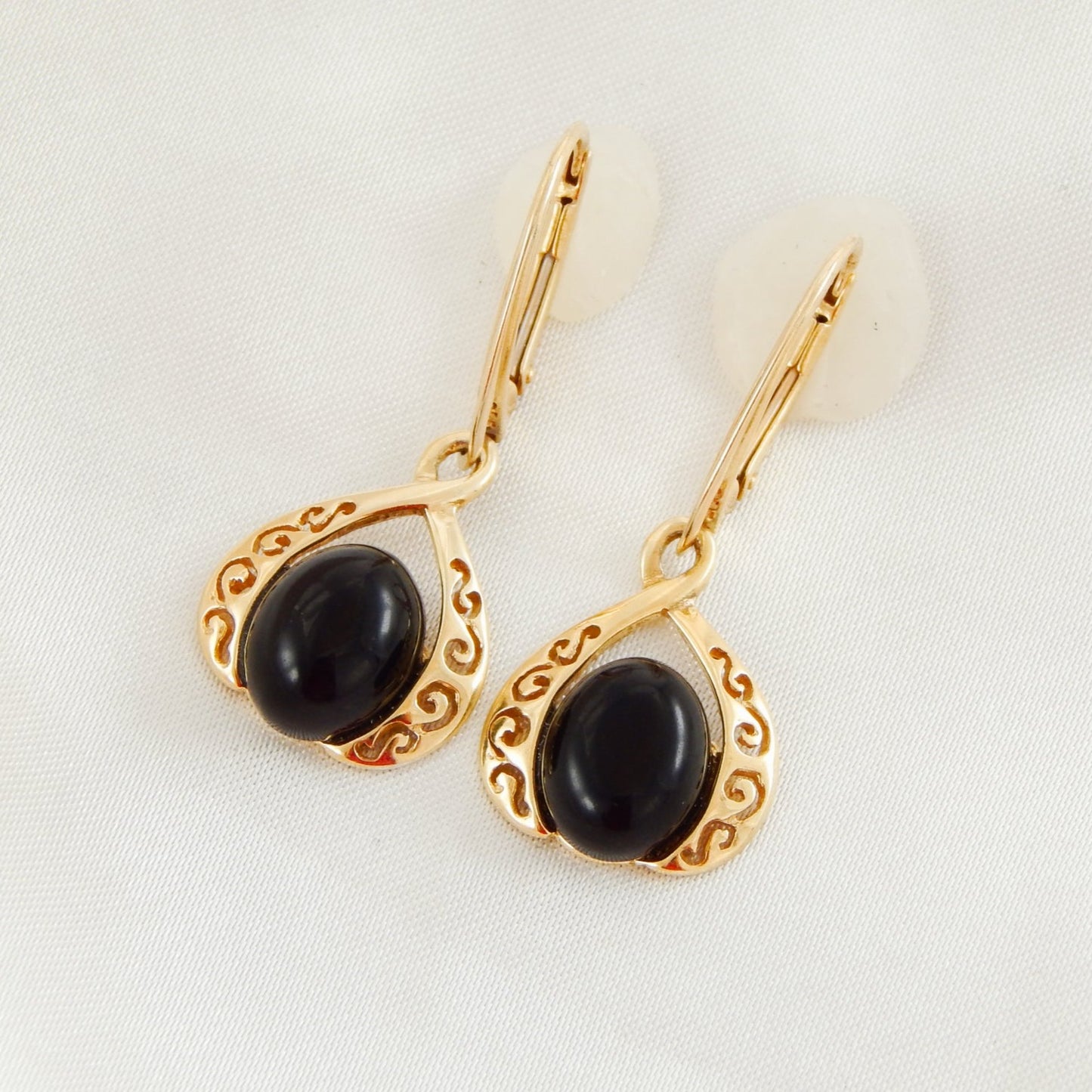 Natural Baltic Black Amber 14K Gold Plated Victorian Earrings