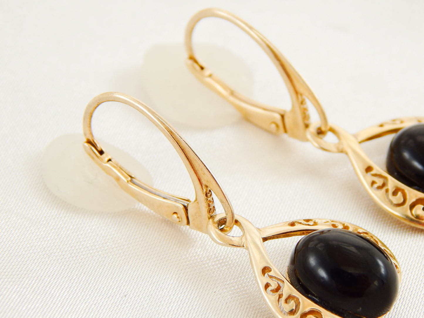 Natural Baltic Black Amber 14K Gold Plated Victorian Earrings