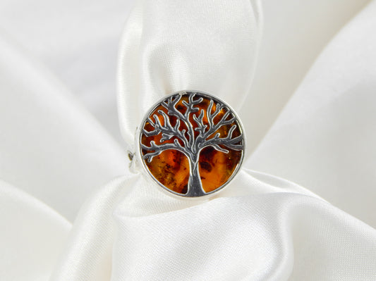 Natural Baltic Cognac Amber Tree of Life Adjustable Ring