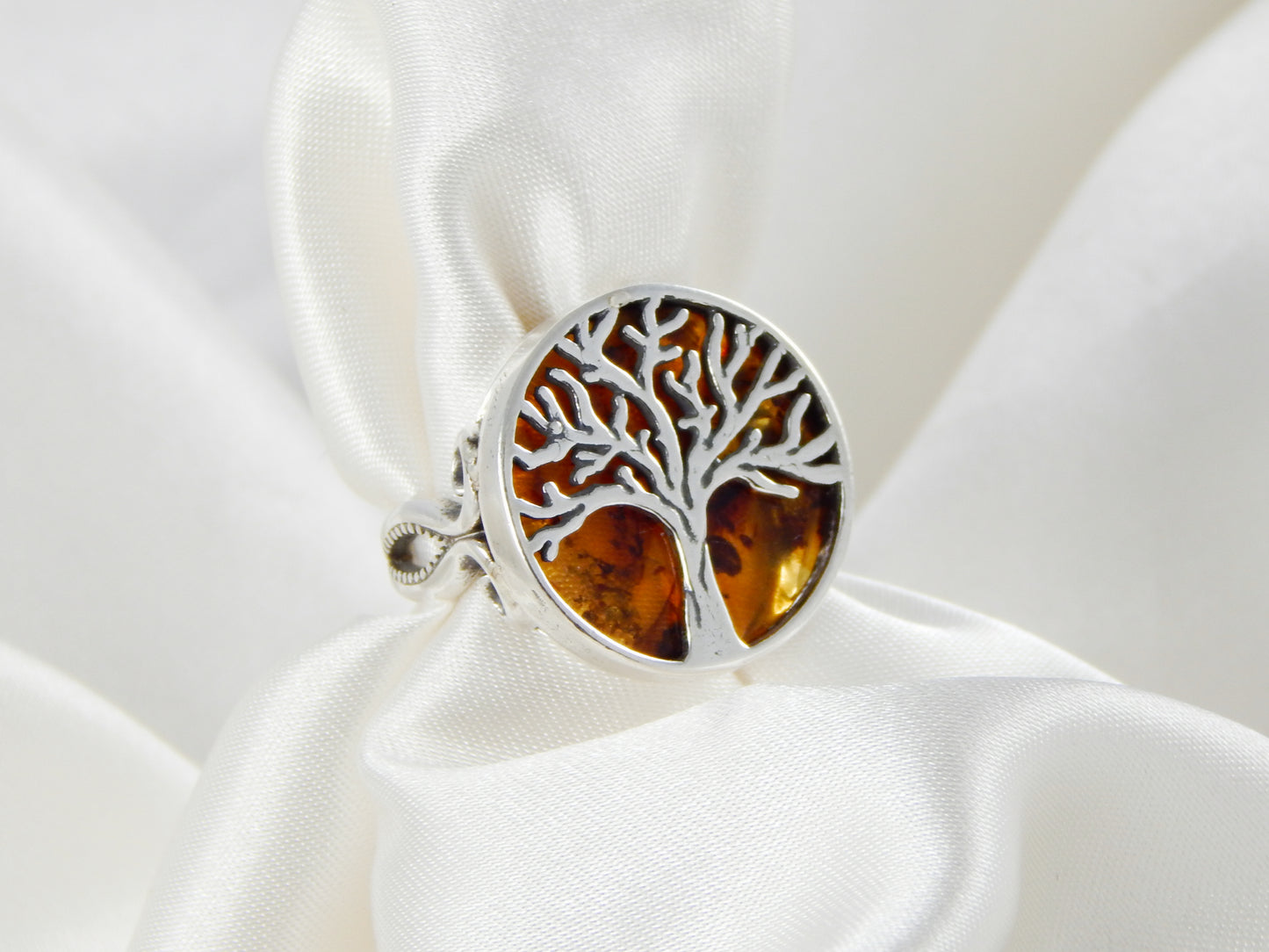 Natural Baltic Cognac Amber Tree of Life Adjustable Ring
