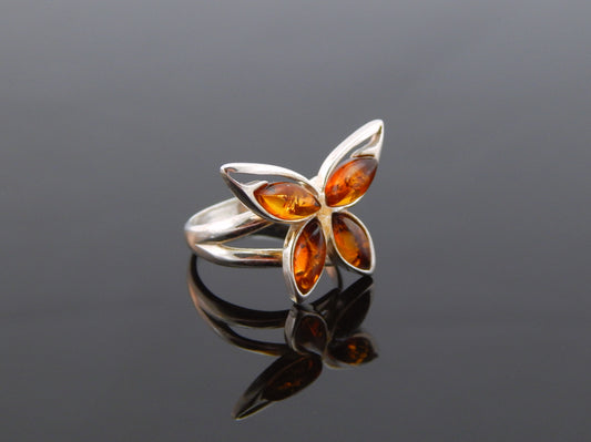 Natural Baltic Cognac Amber Adjustable Butterfly Ring