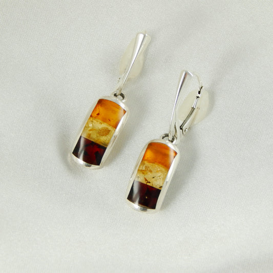 Natural Baltic Amber Mosaic Dangle Earrings in 925 Sterling Silver