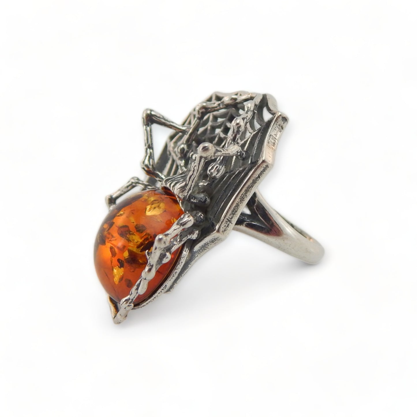 Natural Baltic Cognac Amber Adjustable Spider Statement Ring in 925 Sterling Silver