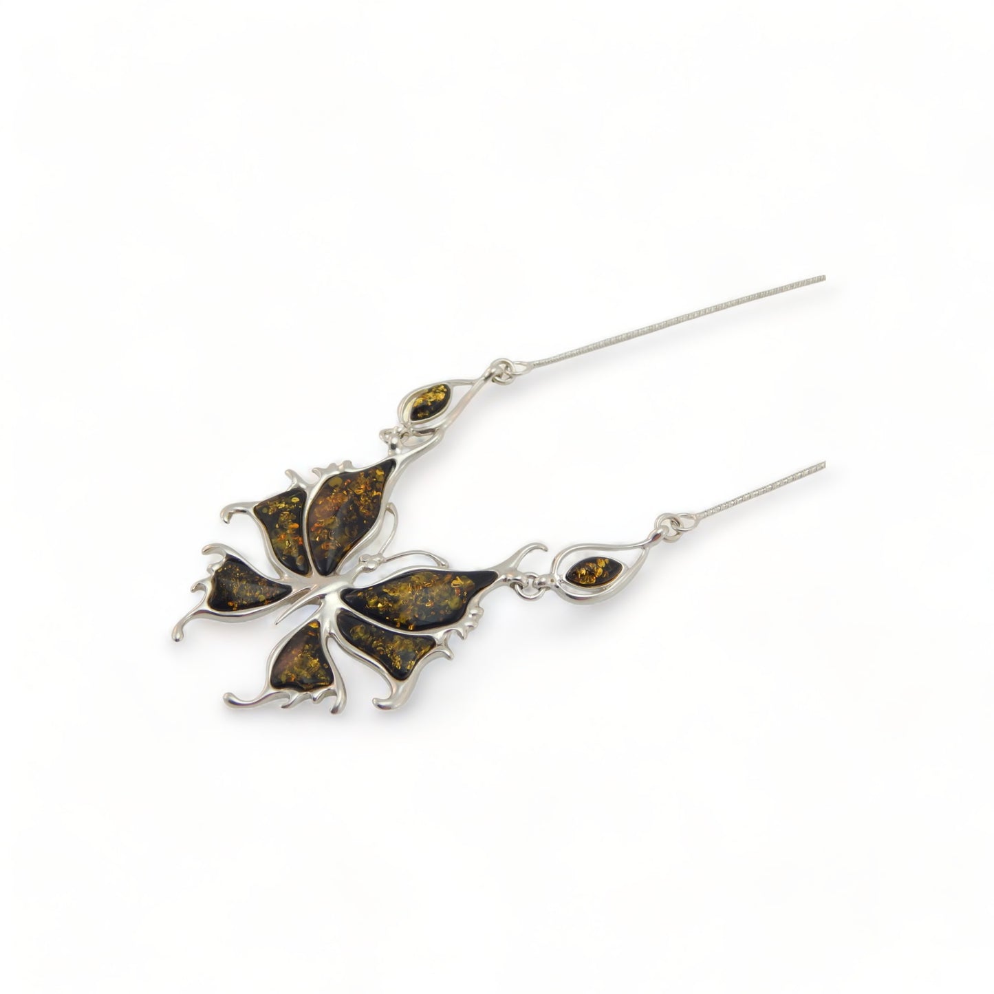 Natural Baltic Lithuanian Green Amber Butterfly Statement Necklace in 925 Sterling Silver