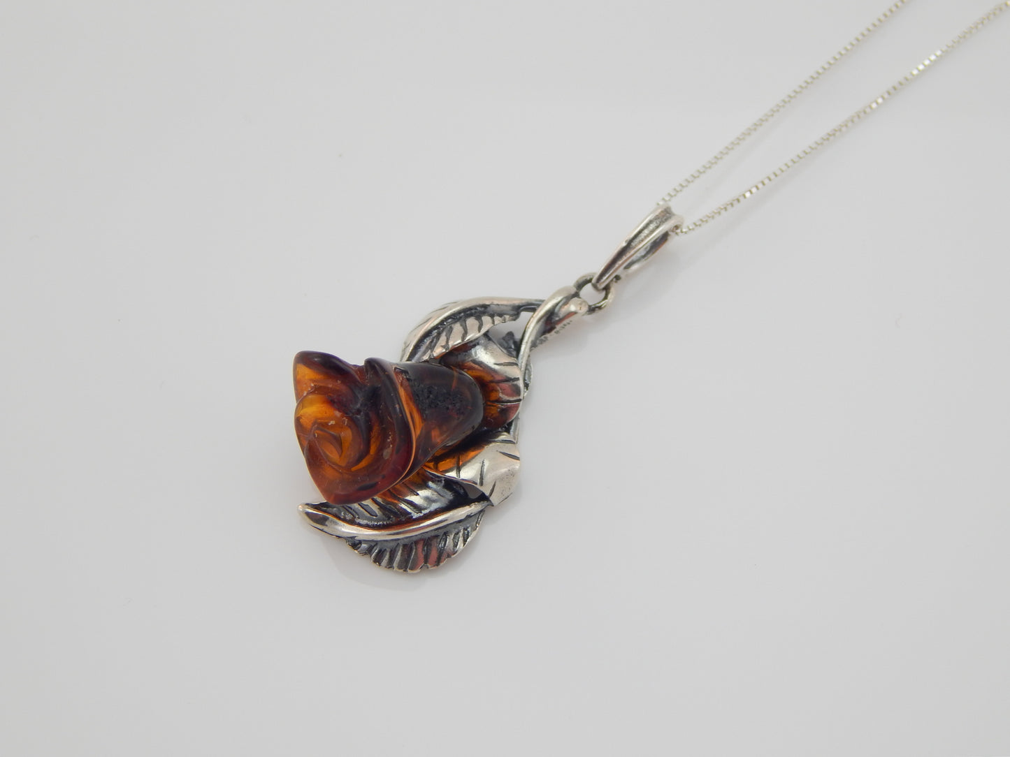 Natural Baltic Dark Cognac Amber Handmade Rose Pendant Necklace in 925 Sterling Silver