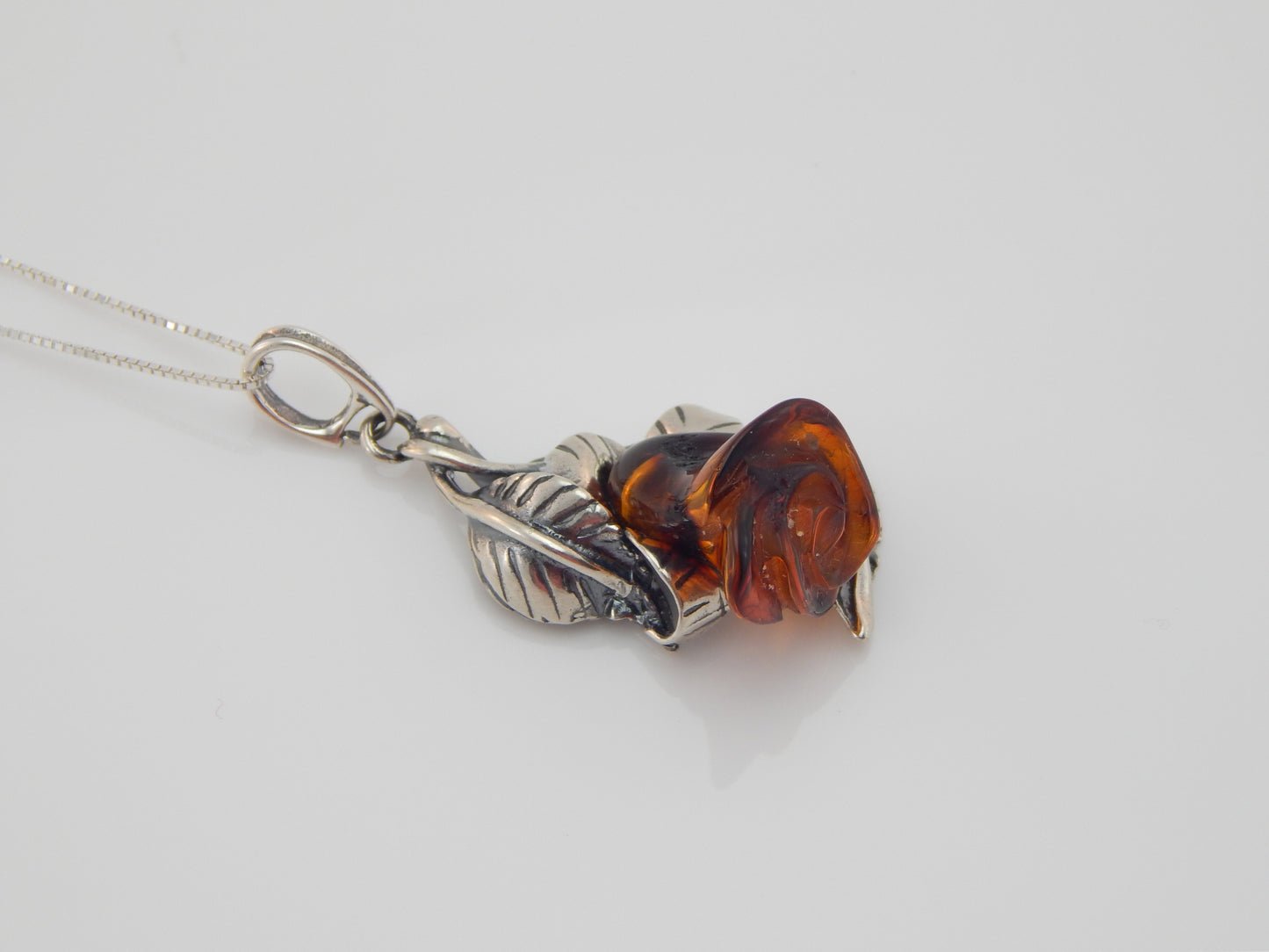 Natural Baltic Dark Cognac Amber Handmade Rose Pendant Necklace in 925 Sterling Silver