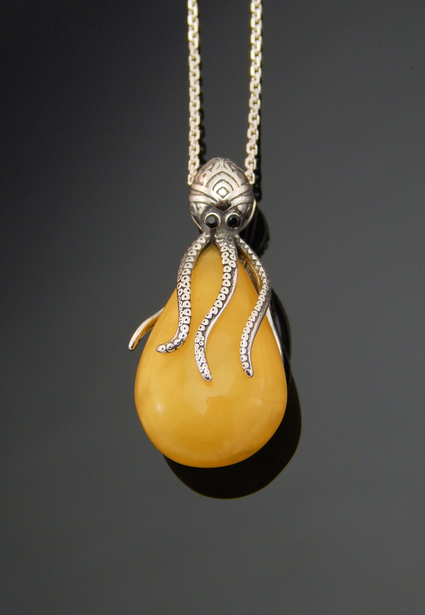 Natural Baltic Butterscotch Amber Octopus Pendant Necklace in 925 Sterling Silver