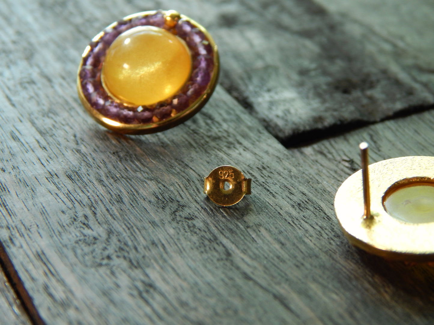 14K Gold Plated Natural Baltic Butterscotch Amber and Purple Amethyst Earrings