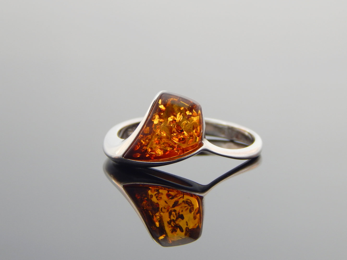 Natural Baltic Cognac Amber Abstract Ring in 925 Sterling Silver