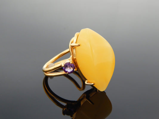 Natural Baltic Butterscotch Amber and Amethyst Handmade Ring in 14k Gold Plated S925