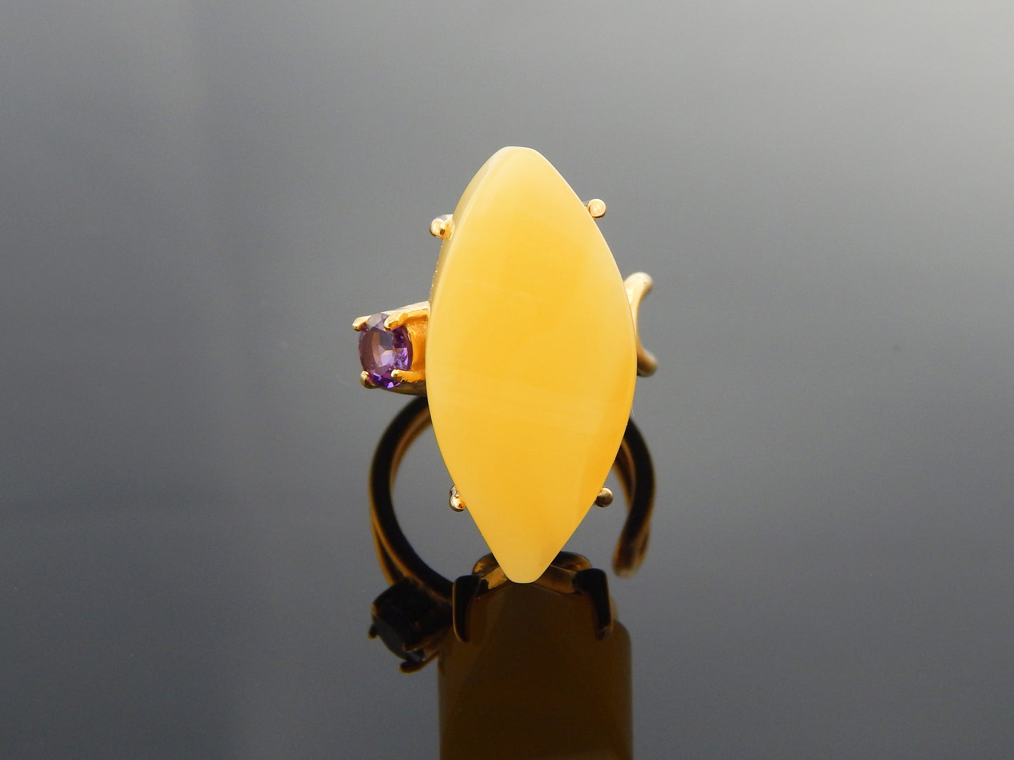 Natural Baltic Butterscotch Amber and Amethyst Handmade Ring in 14k Gold Plated S925