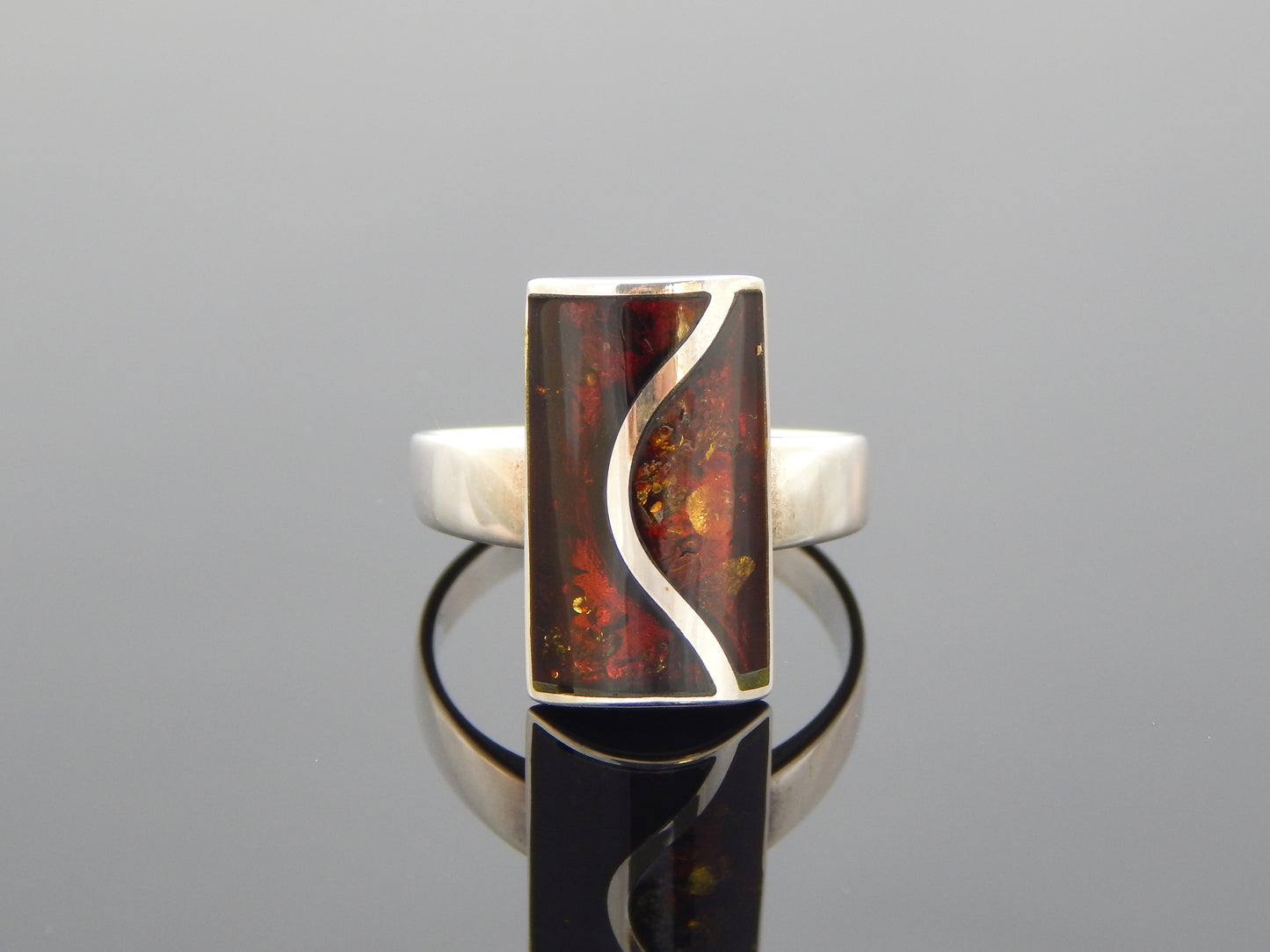 Natural Baltic Cognac Amber Modern Chic Rectangular Ring in 925 Sterling Silver