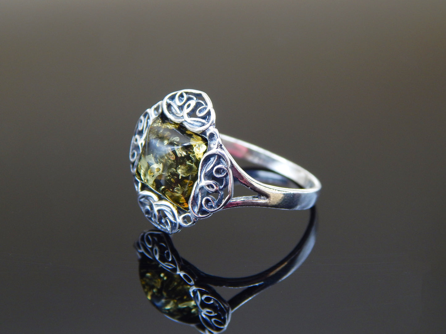Natural Baltic Green Amber Cushion Cut Celtic Ring in 925 Sterling Silver