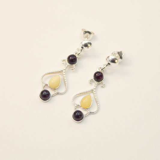 Natural Baltic Butterscotch and Cherry Amber Queen of Hearts Earrings in 925 Sterling Silver