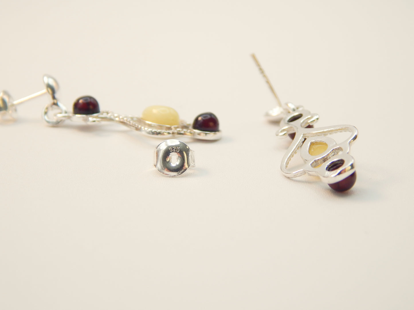Natural Baltic Butterscotch and Cherry Amber Queen of Hearts Earrings in 925 Sterling Silver