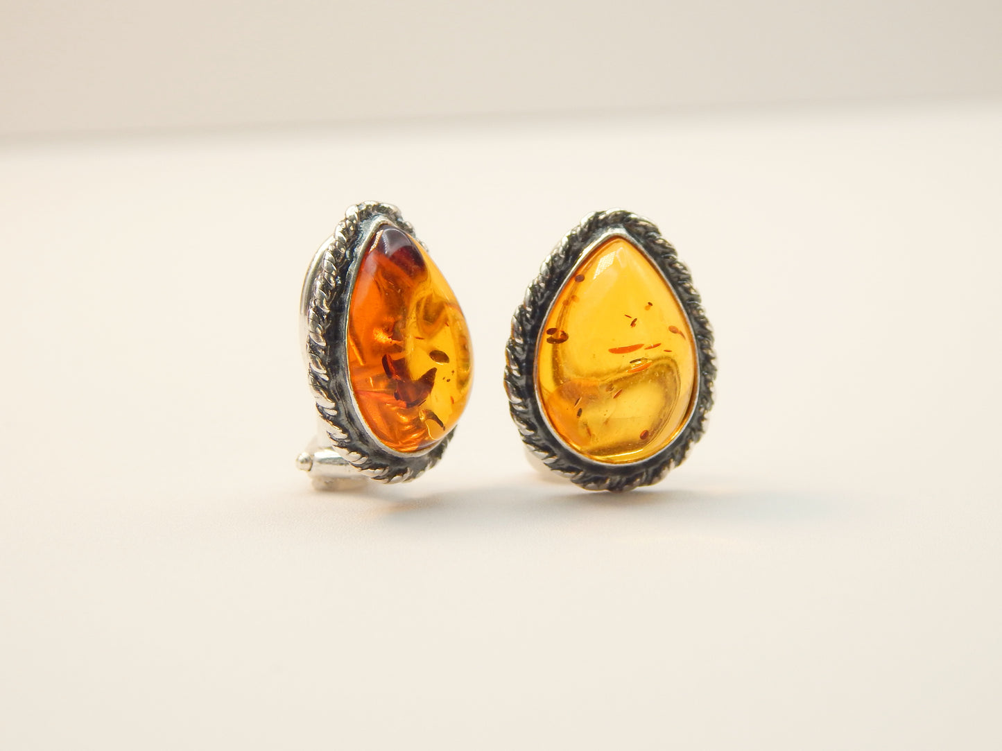 Natural Baltic Cognac Amber Pear Cut Clip On Earrings in 925 Sterling Silver