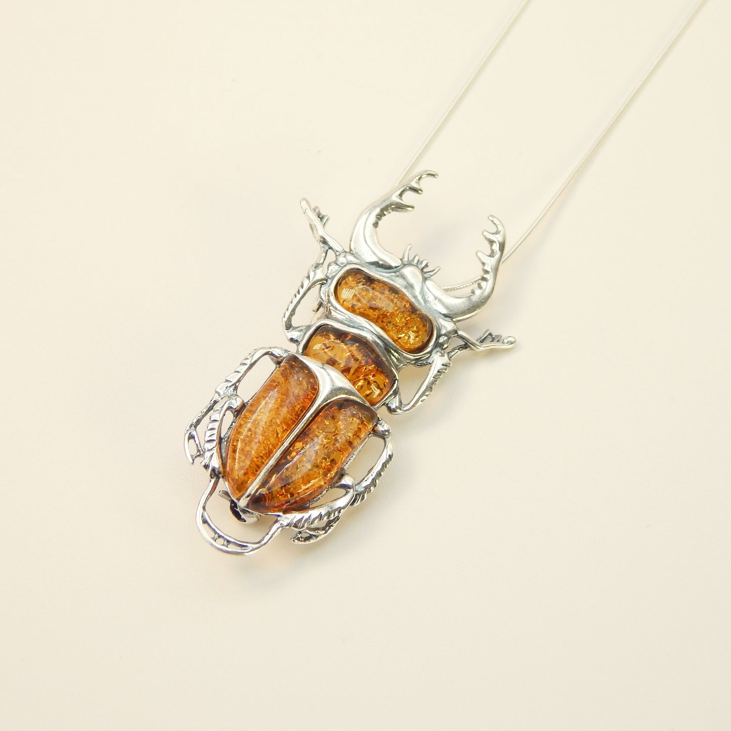 Natural Baltic Cognac Amber Scarab Pendant/ Brooch Necklace in 925 Sterling Silver