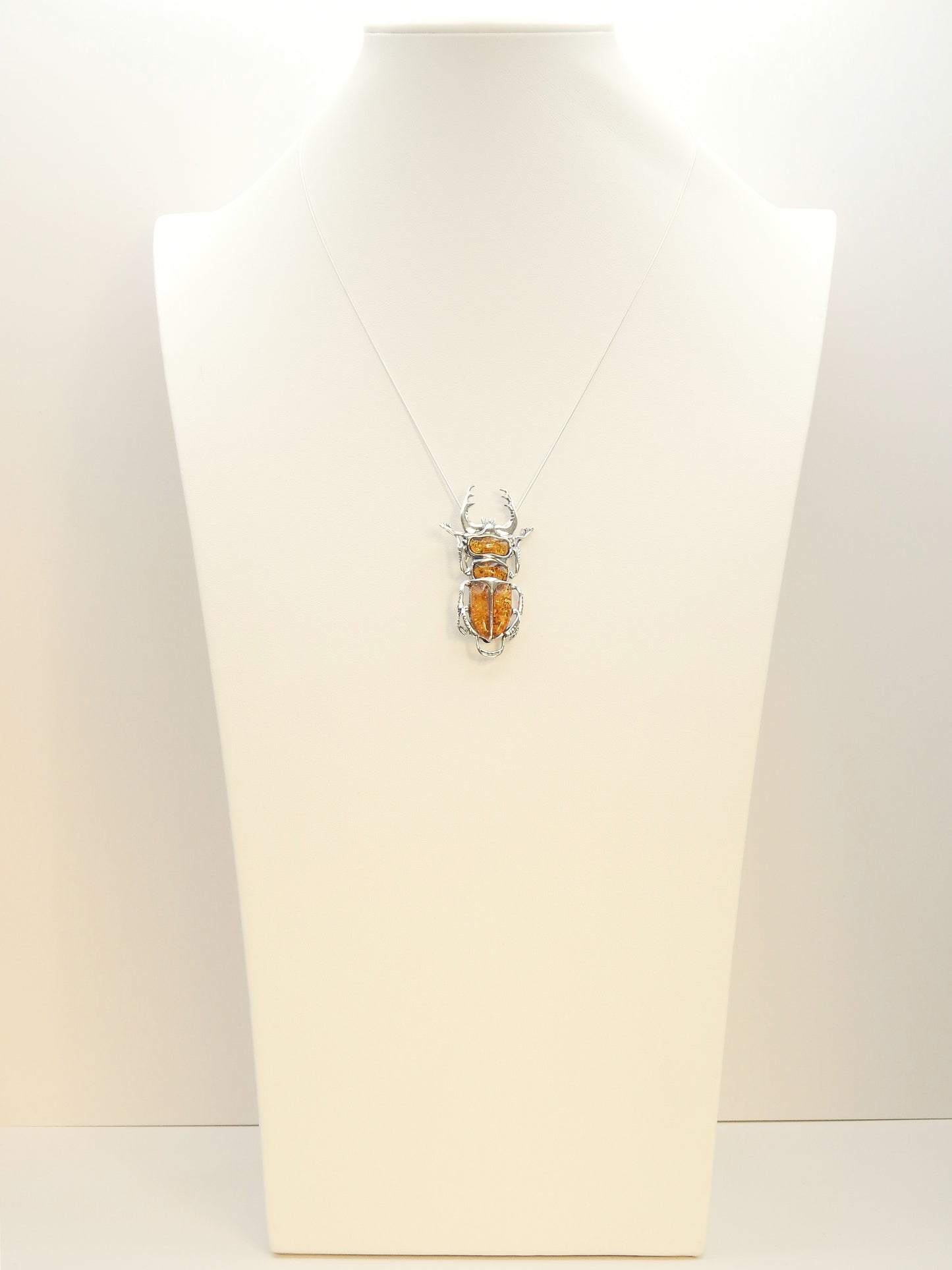 Natural Baltic Cognac Amber Scarab Pendant/ Brooch Necklace in 925 Sterling Silver