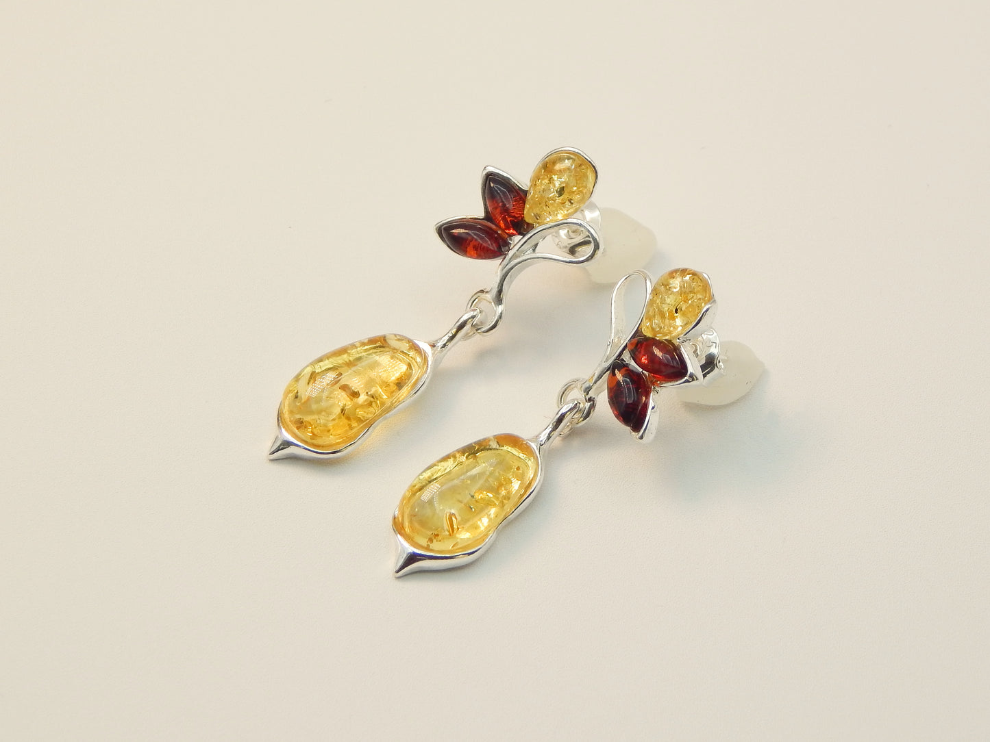 Natural Baltic Lemon and Cherry Amber Floral Dangle Earrings in 925 Sterling Silver
