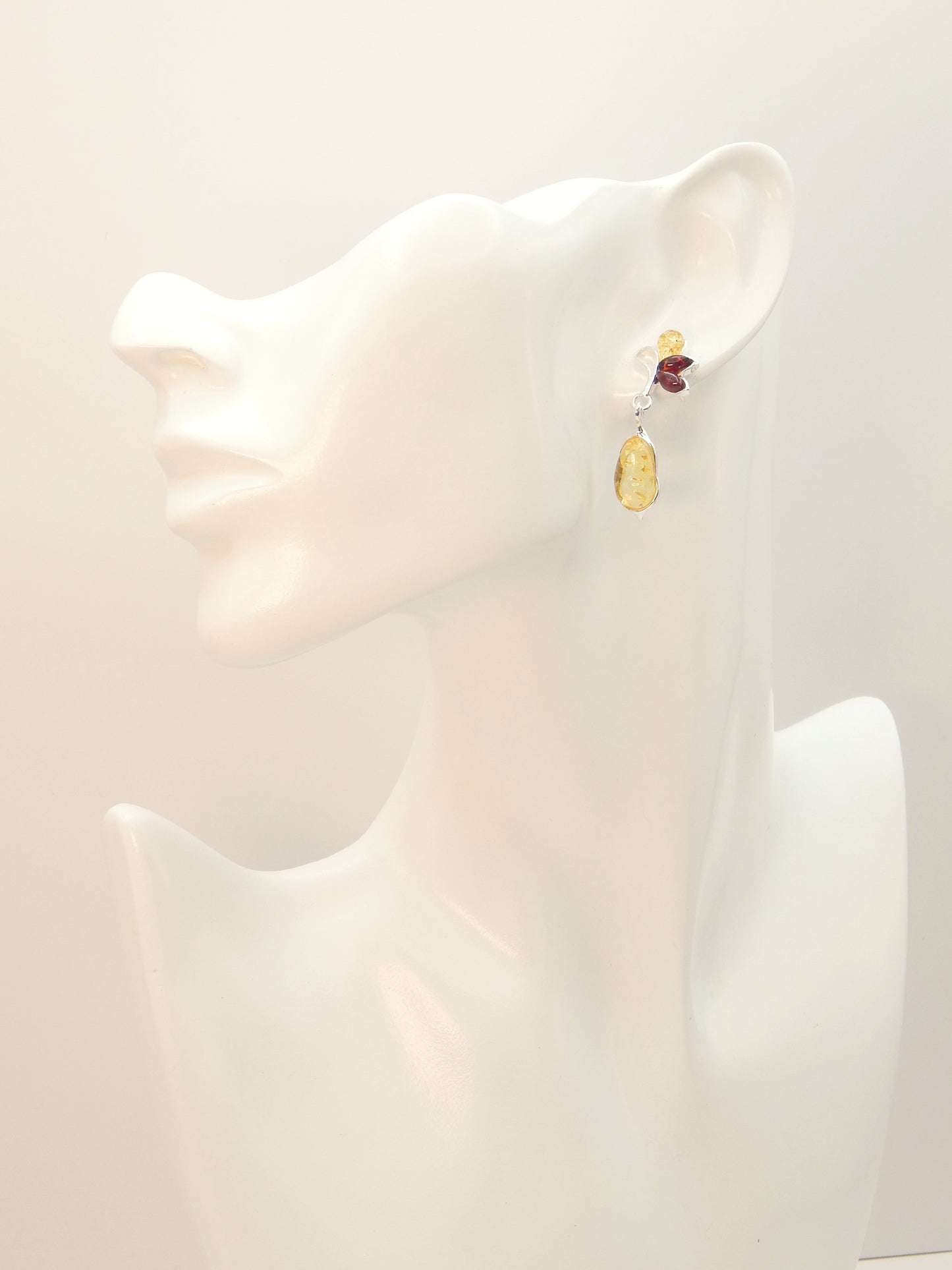 Natural Baltic Lemon and Cherry Amber Floral Dangle Earrings in 925 Sterling Silver