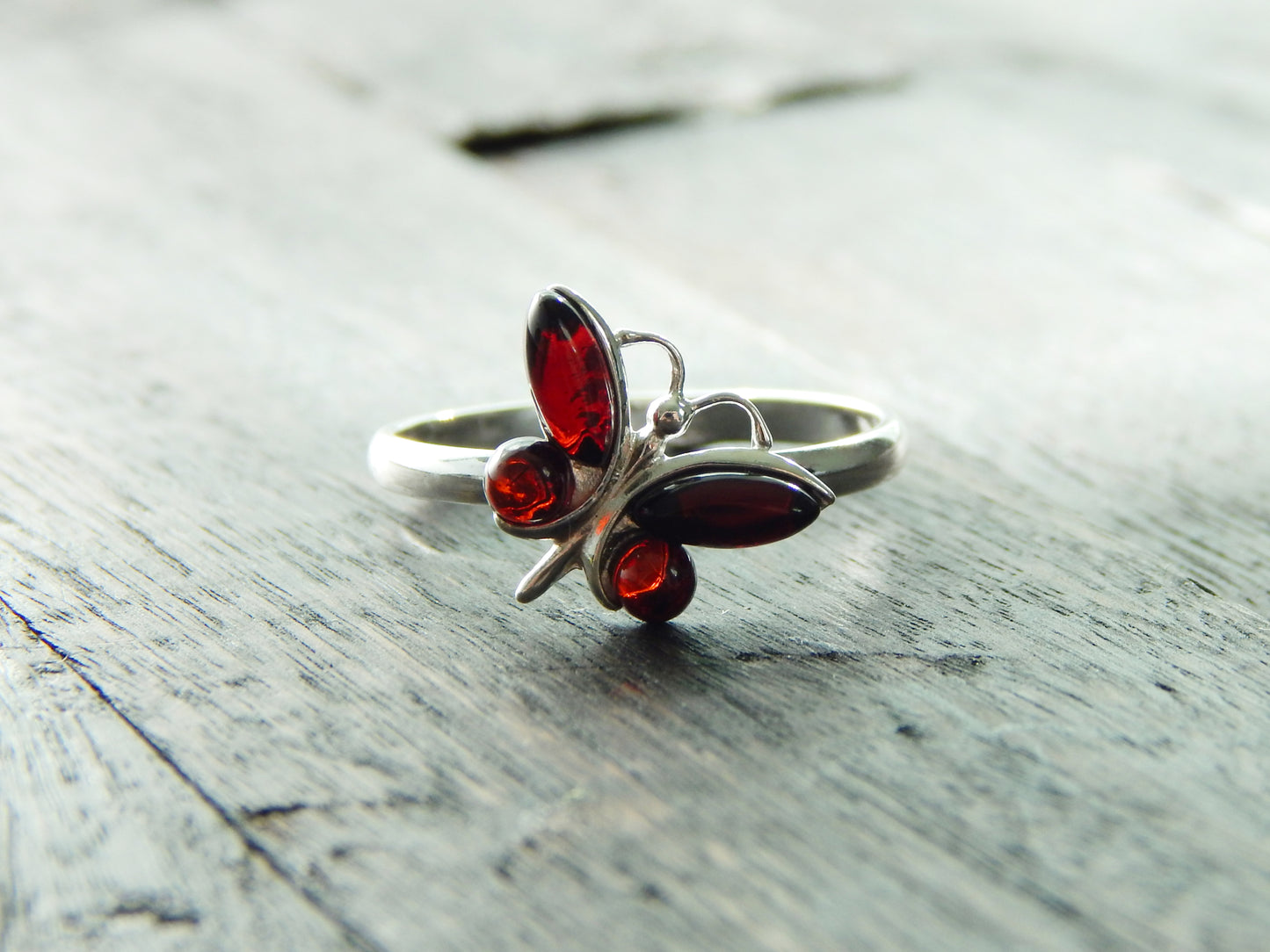 Natural Baltic Cherry Amber Dainty Butterfly Ring
