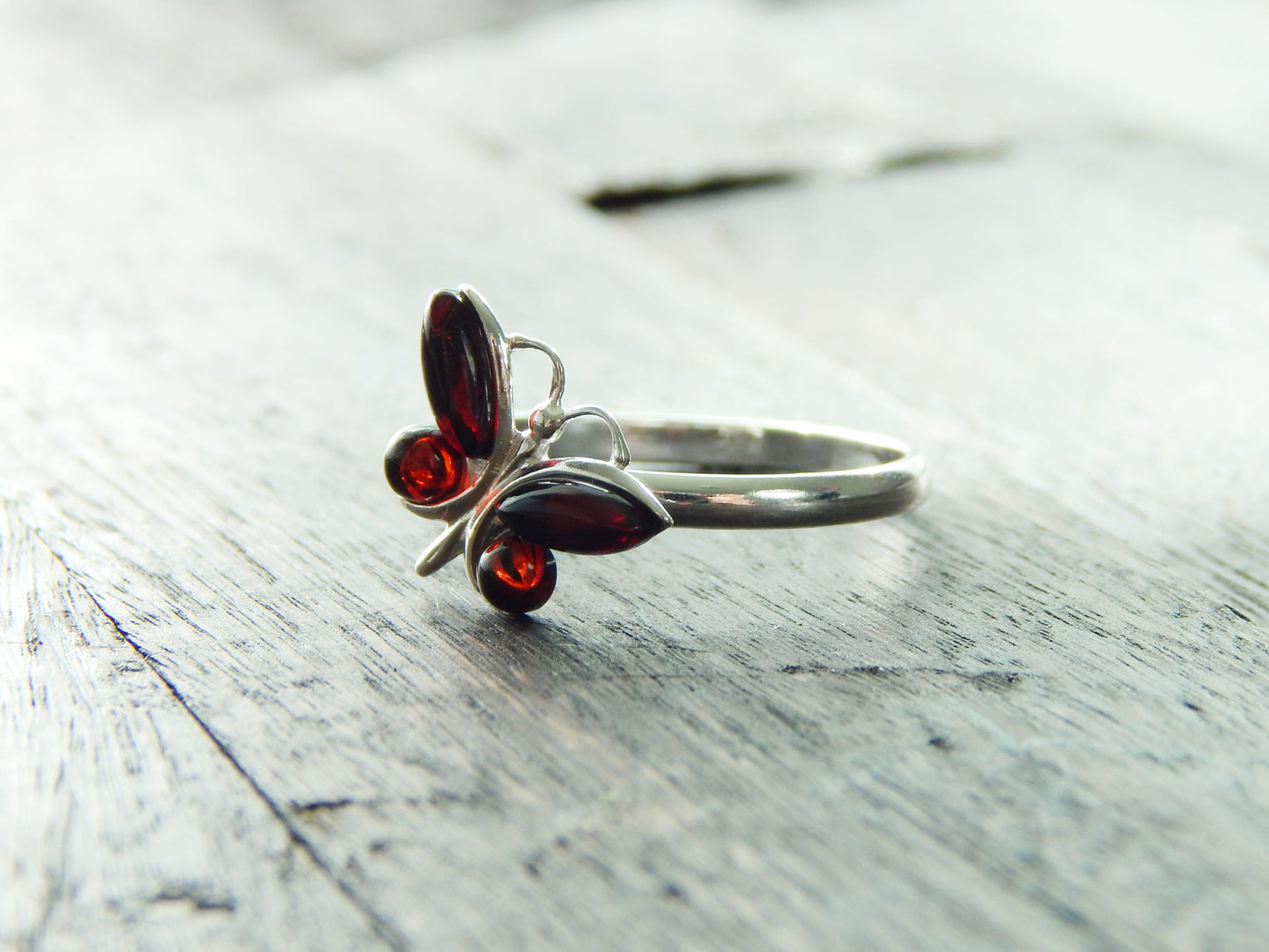 Natural Baltic Cherry Amber Dainty Butterfly Ring
