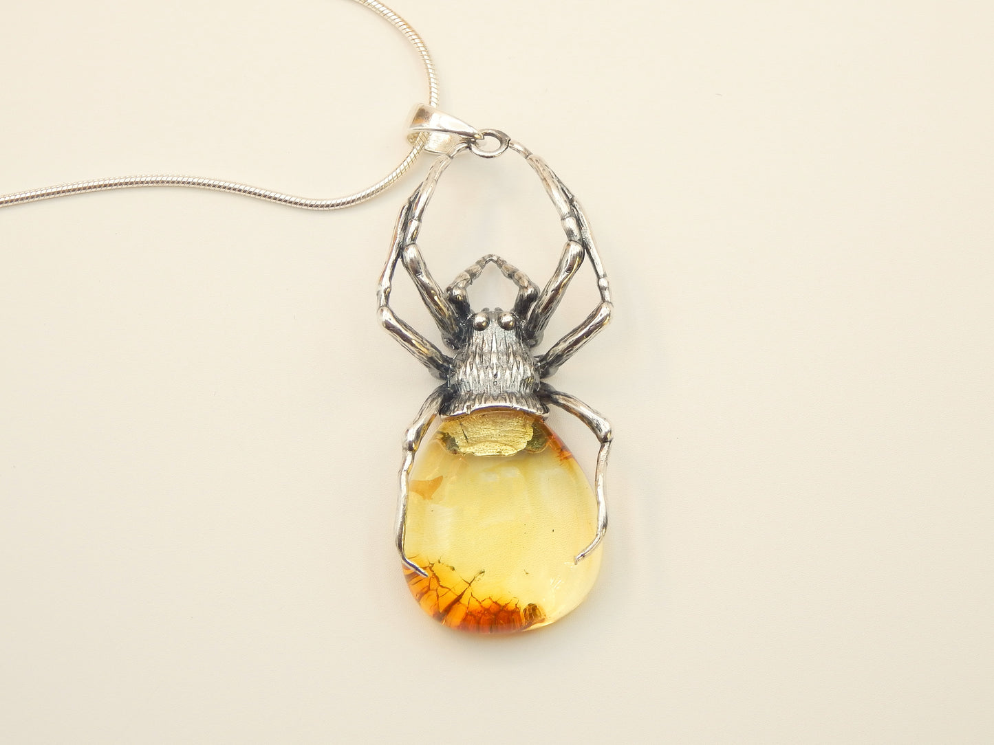 Natural Baltic Lemon Amber Large Black Widow Pendant Necklace in 925 Sterling Silver