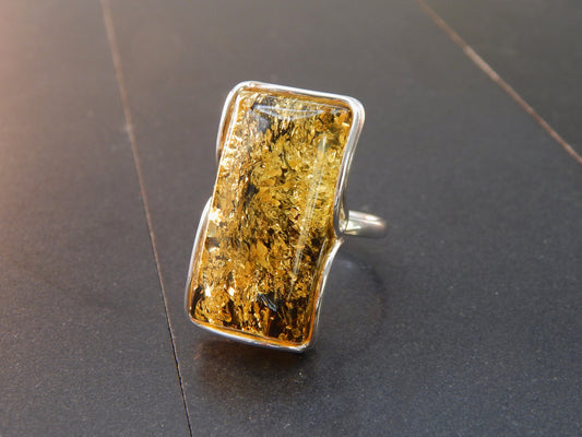 Natural Baltic Green Amber Rectangular Adjustable Statement Ring in 925 Sterling Silver