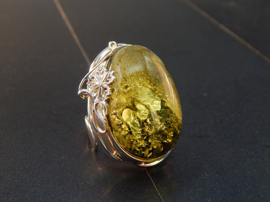 Natural Baltic Green Amber Floral Adjustable Ring in 925 Sterling Silver