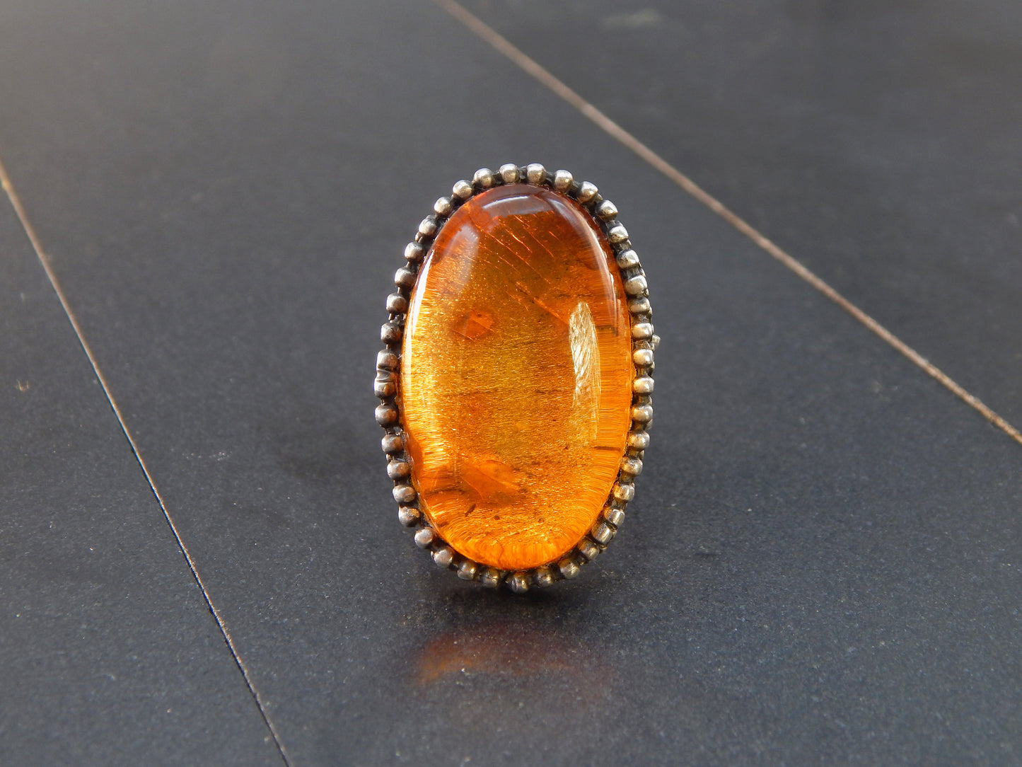 Handmade Natural Baltic Cognac Amber Unisex Brutalist Ring in 925 Sterling Silver