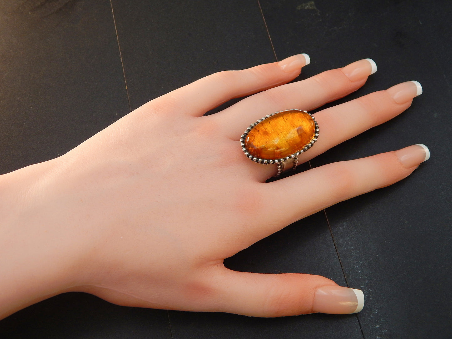 Handmade Natural Baltic Cognac Amber Unisex Brutalist Ring in 925 Sterling Silver