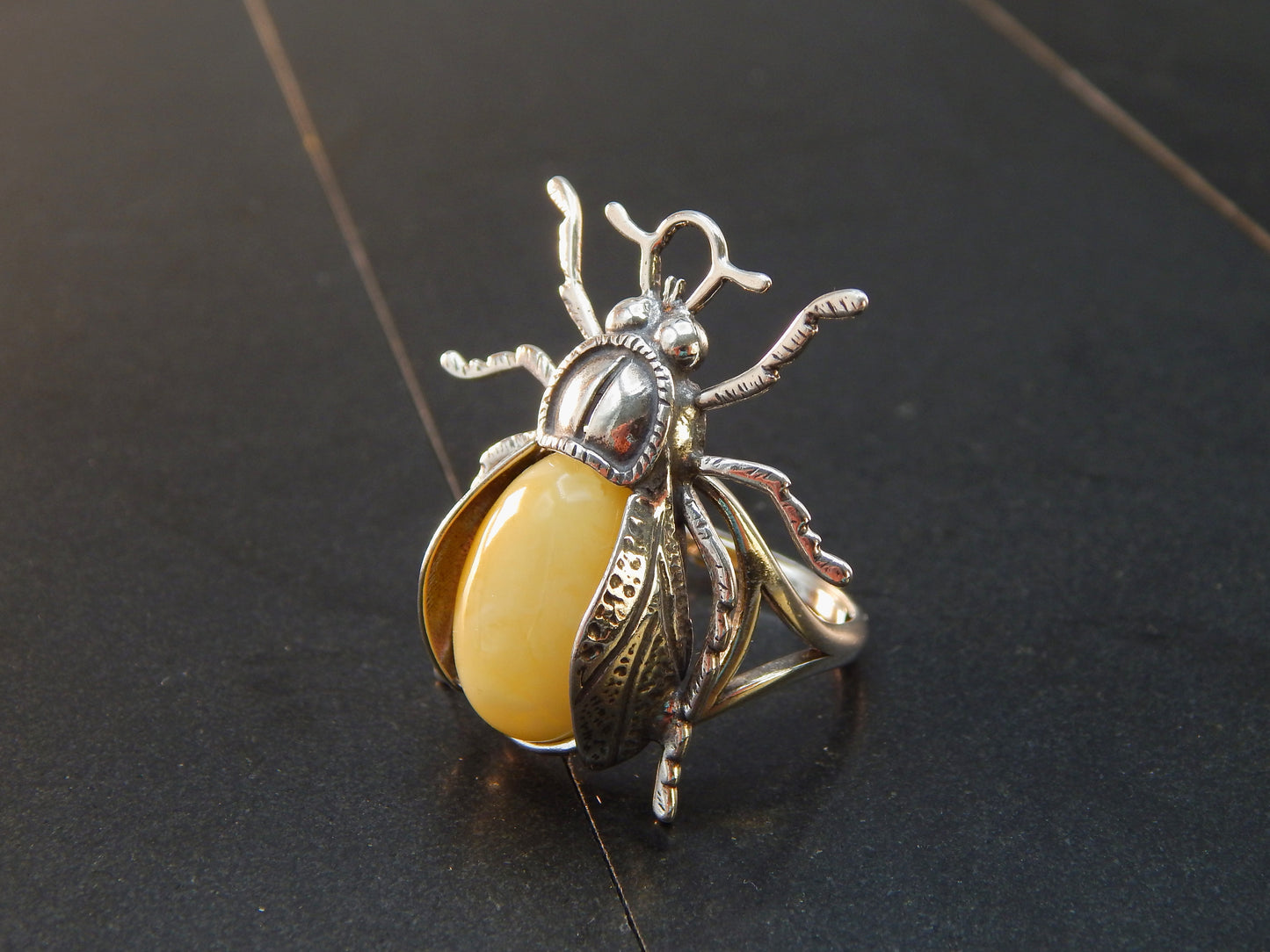 Natural Baltic Butterscotch Amber Adjustable Beetle Ring in 925 Sterling Silver