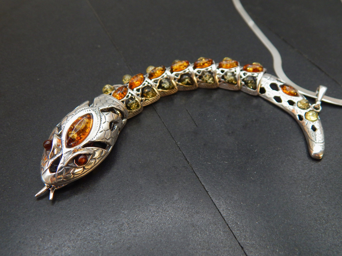 Natural Baltic Amber Rattlesnake Statement Necklace in 925 Sterling Silver