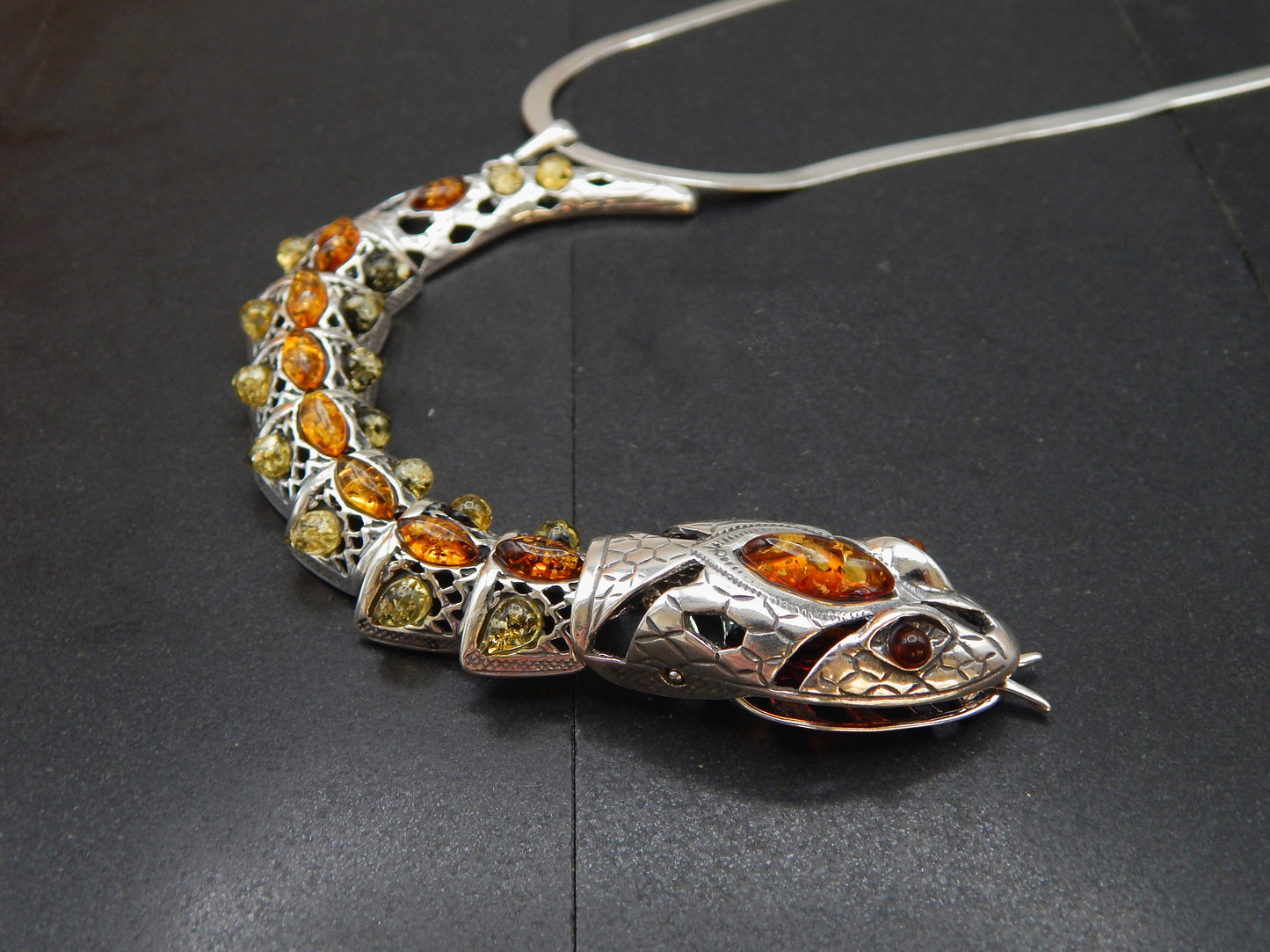 Natural Baltic Amber Rattlesnake Statement Necklace in 925 Sterling Silver