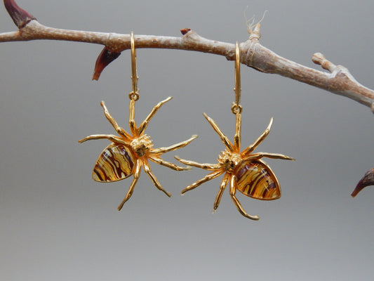 Natural Baltic Cognac Amber 14k Gold Plated Black Widow Earrings in 925 Sterling Silver